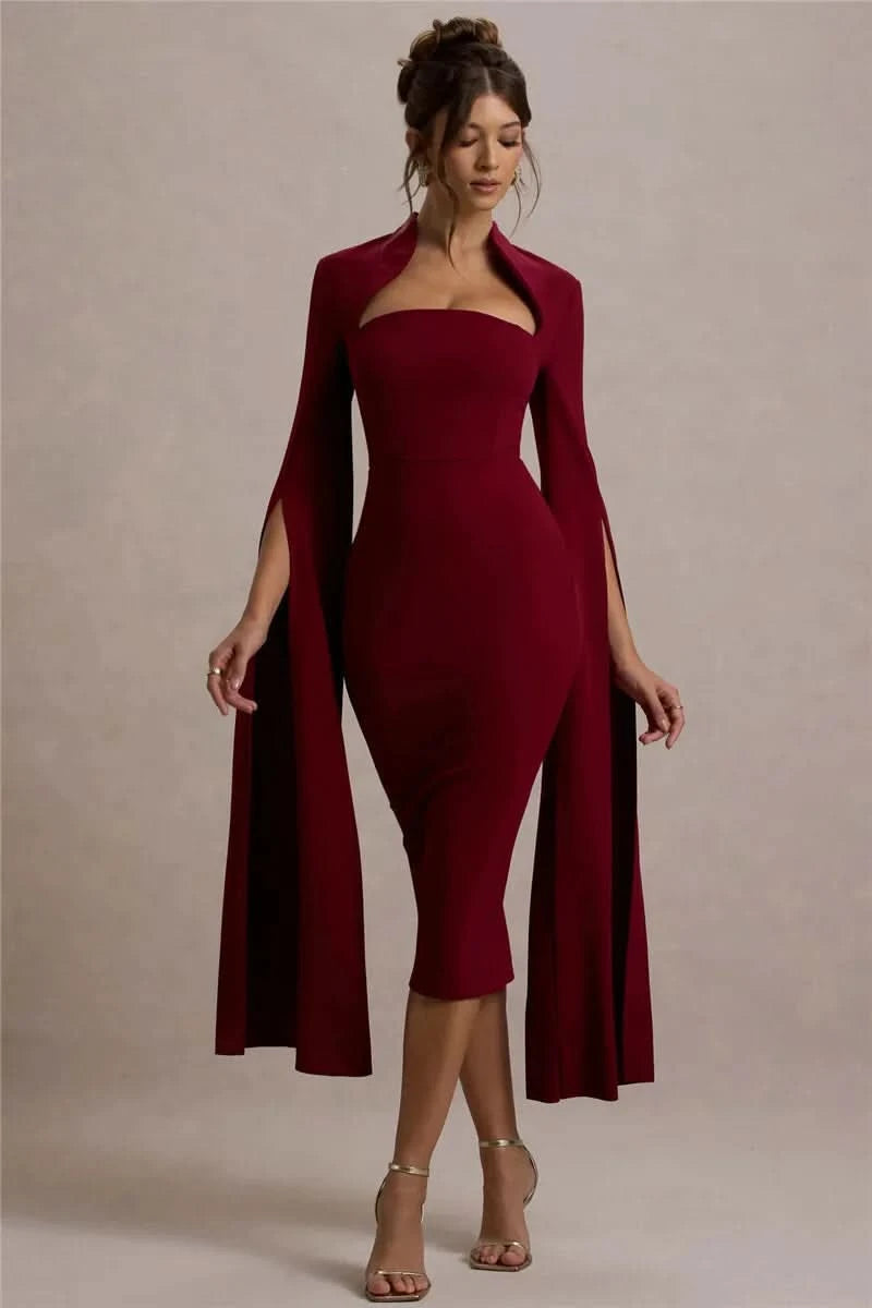Mozision Cape Long Sleeve Sexy Midi Dress For Women Autumn Winter New Square Collar Back Slit Bodycon Club Party Long Dress - M & M Global