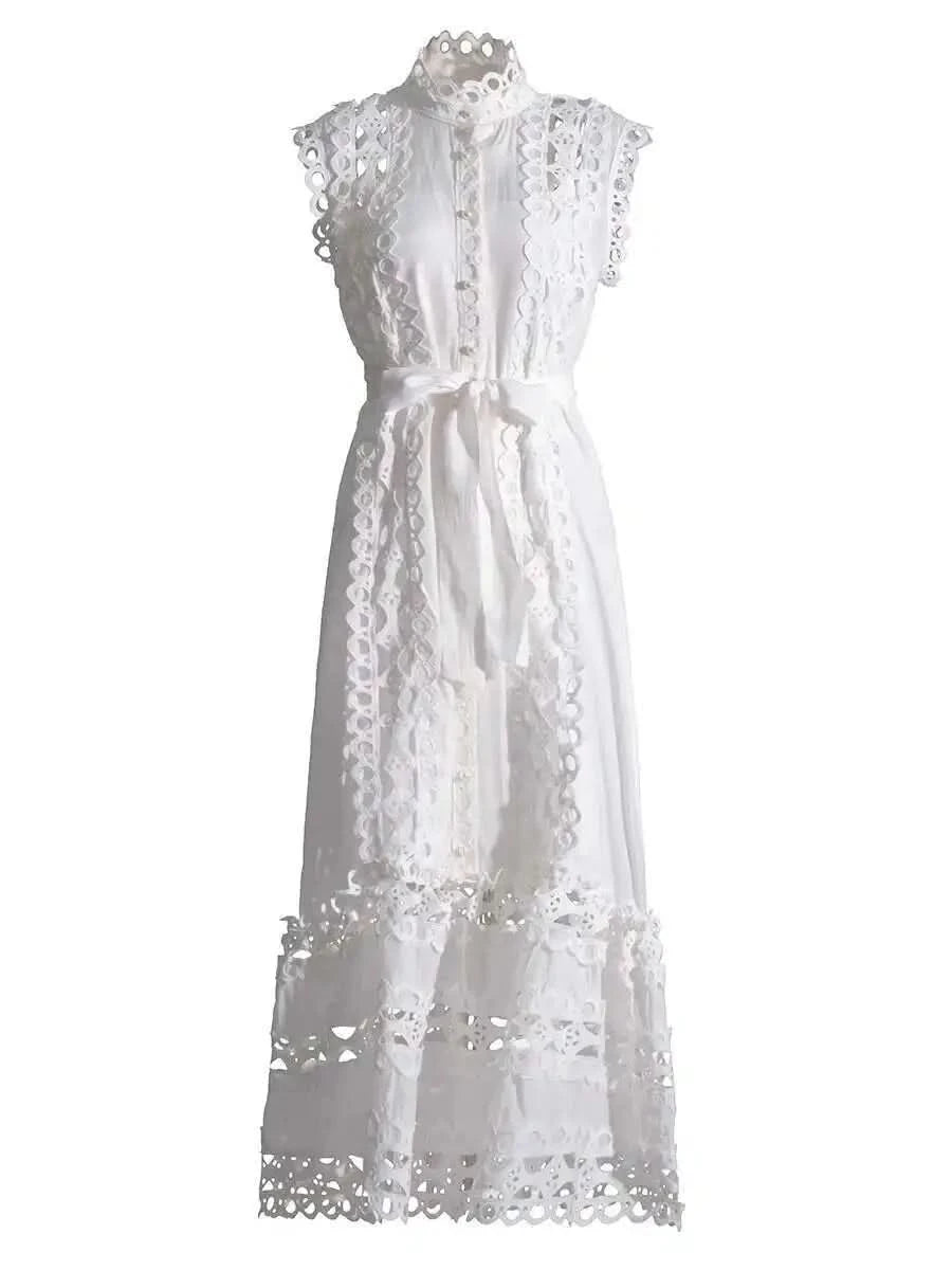 JAMERARY Designer New Summer Holiday White Embroidery Cotton Long Dress Women Sleeveless Midi Prom Evening Dresses Party Robe - M & M Global