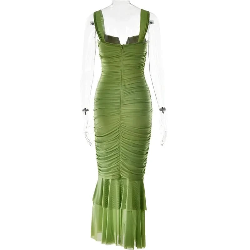 Mozision Hollow Out Backless Ruched Maxi Dress For Women Robe Elegant Spaghetti Strap Sleeveless Bodycon Party Long Dress - M & M Global