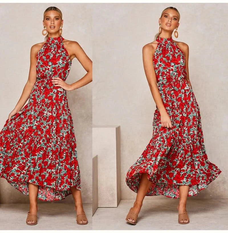 Summer Floral Print Halter Neck Dresses For Women Sleeveless Leace-up Long Dress Casual Beach Holiday Vestidos Female Clothing - M & M Global