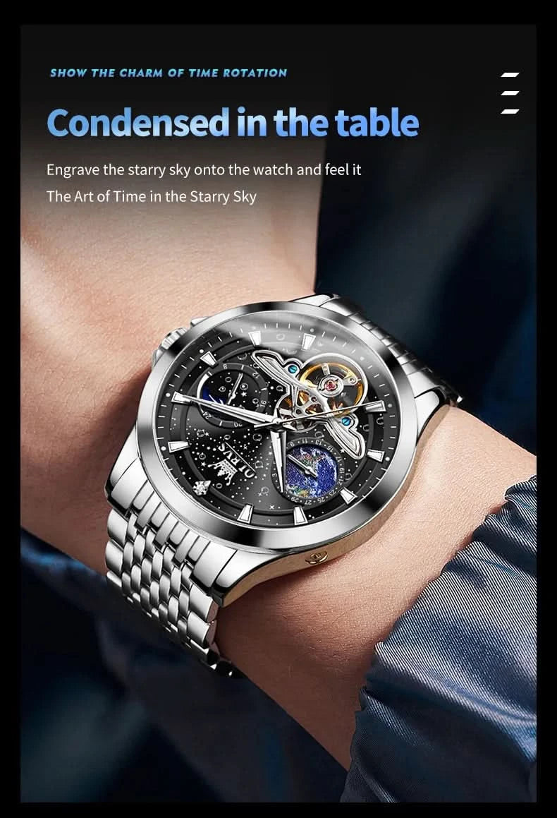OLEVS Luxury Brand Men's Watches Luminous Waterproof Fully Automatic Mechanical Watch Starry Sky Dial Moon Phase Hollow Out - M & M Global