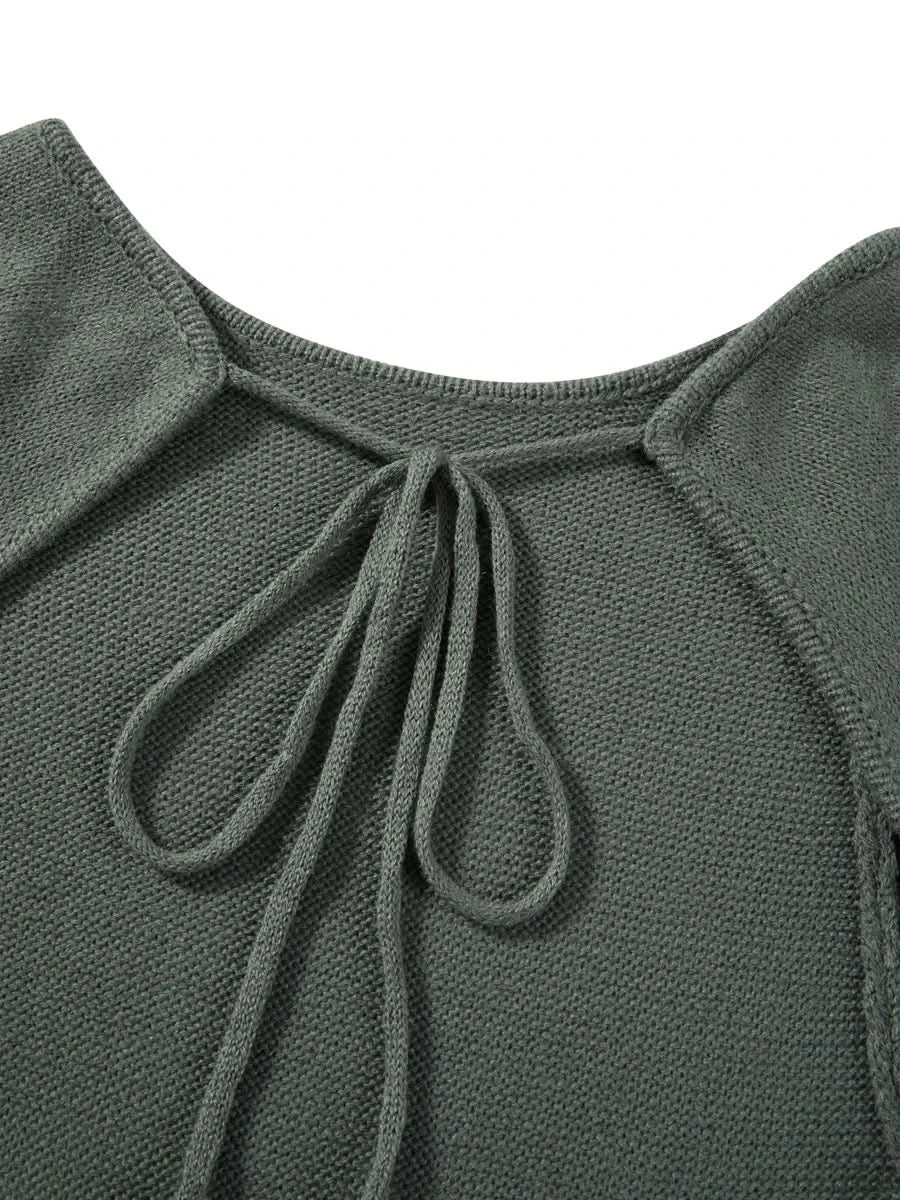 Women's Autumn Winter Knitted Bodycon Dress Long Sleeve Tie Backless Round Neck Solid Color Ruffle Trim Long Dress Beachwear - M & M Global