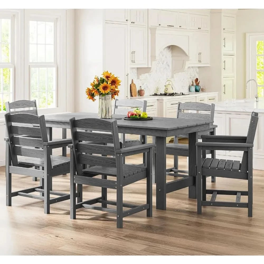 Outdoor HDPE Dining Table Set, 7-Piece Outdoor Dining Table Sets with Umbrella Hole Cut-Out Table and 6 Chairs, Gray