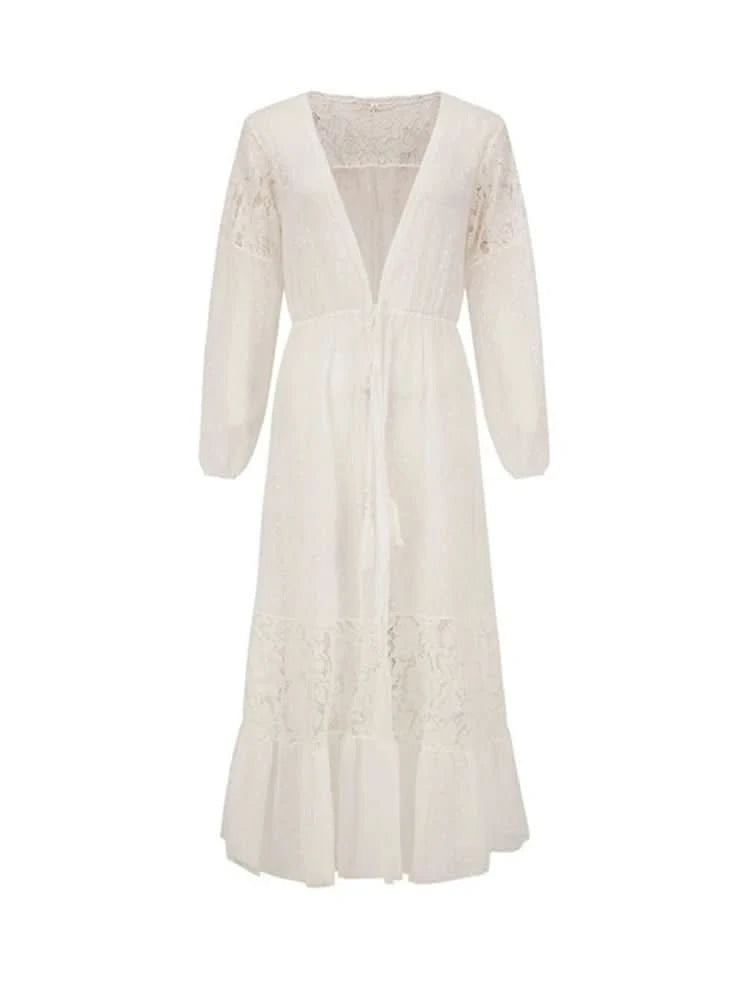 Summer Women Lace Patchwork Bikini Chiffon Beach Dress Cover Up Kimono Polka Dot Lace-up Cardigan Swimwear Long Sleeve Holiday - M & M Global