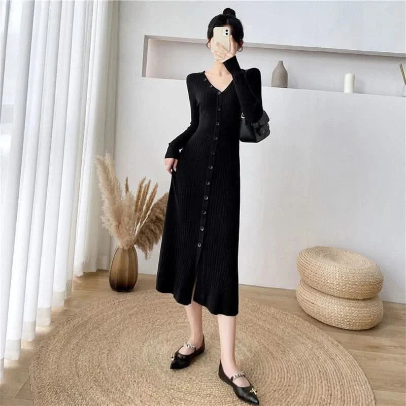 Lucyever Elegant Knitted Long Dress for Women Korean Chic Buttons Slim Fit Midi Dresses Female Streetwear V Neck Party Vestidos - M & M Global