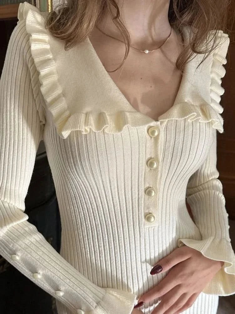 TARUXY High Waist Ruffled Maxi Dresses For Women Autumn Winter Knitted Slim Long Dress Women's Vintage Dress Woman Retro Elegant - M & M Global