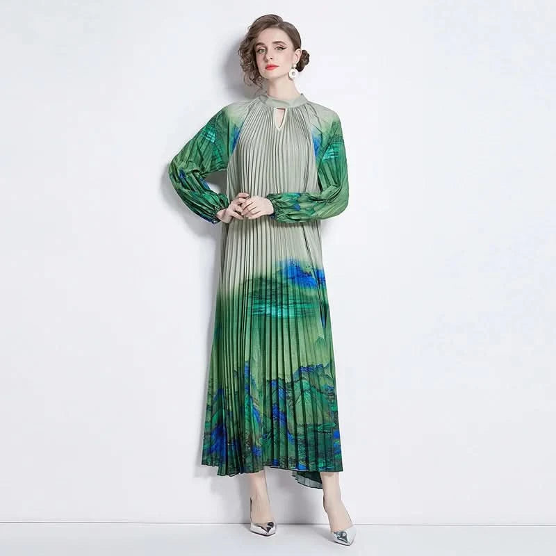 Spring Holiday Print Long Dress For Women Fashion Loose Lantern Sleeve Party Robe Female Big Swing Tassels Belt Pleated Clothes - M & M Global