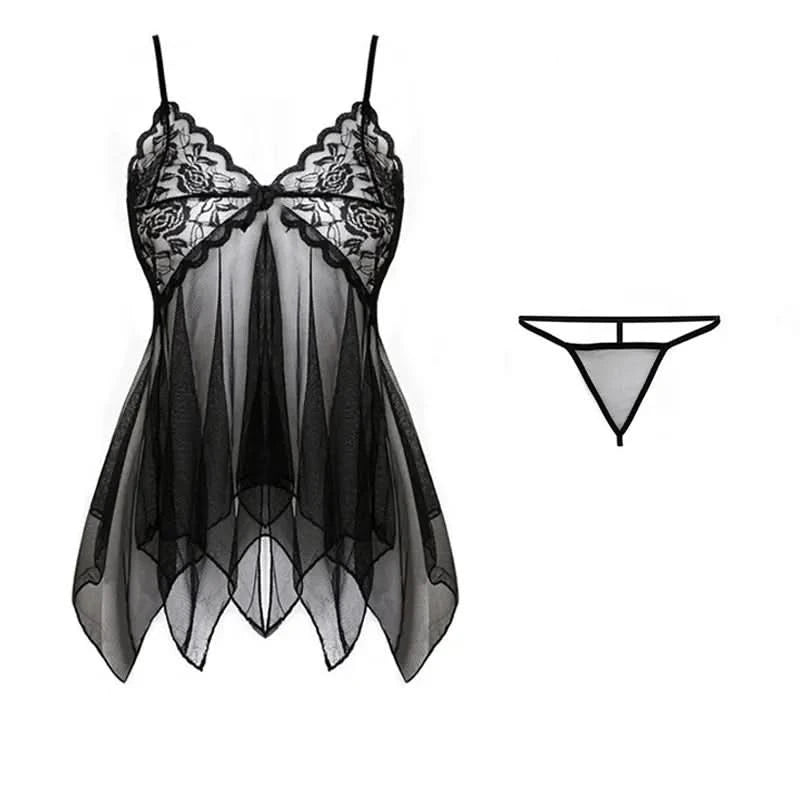 Tulle Suspenders Exquisite Women's Lencerias Lace V-Neck Underwear Semi-transparent Thong Dress Set Females Lingerie Nightgowns - M & M Global
