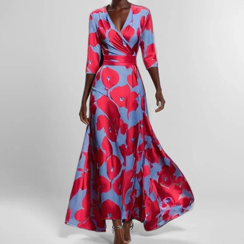 Spring Summer Women Fashion V Neck Belted Party Long Dress Sexy Printing Boho Maxi Dresses Short Sleeve Pocket Femlae Holiday - M & M Global