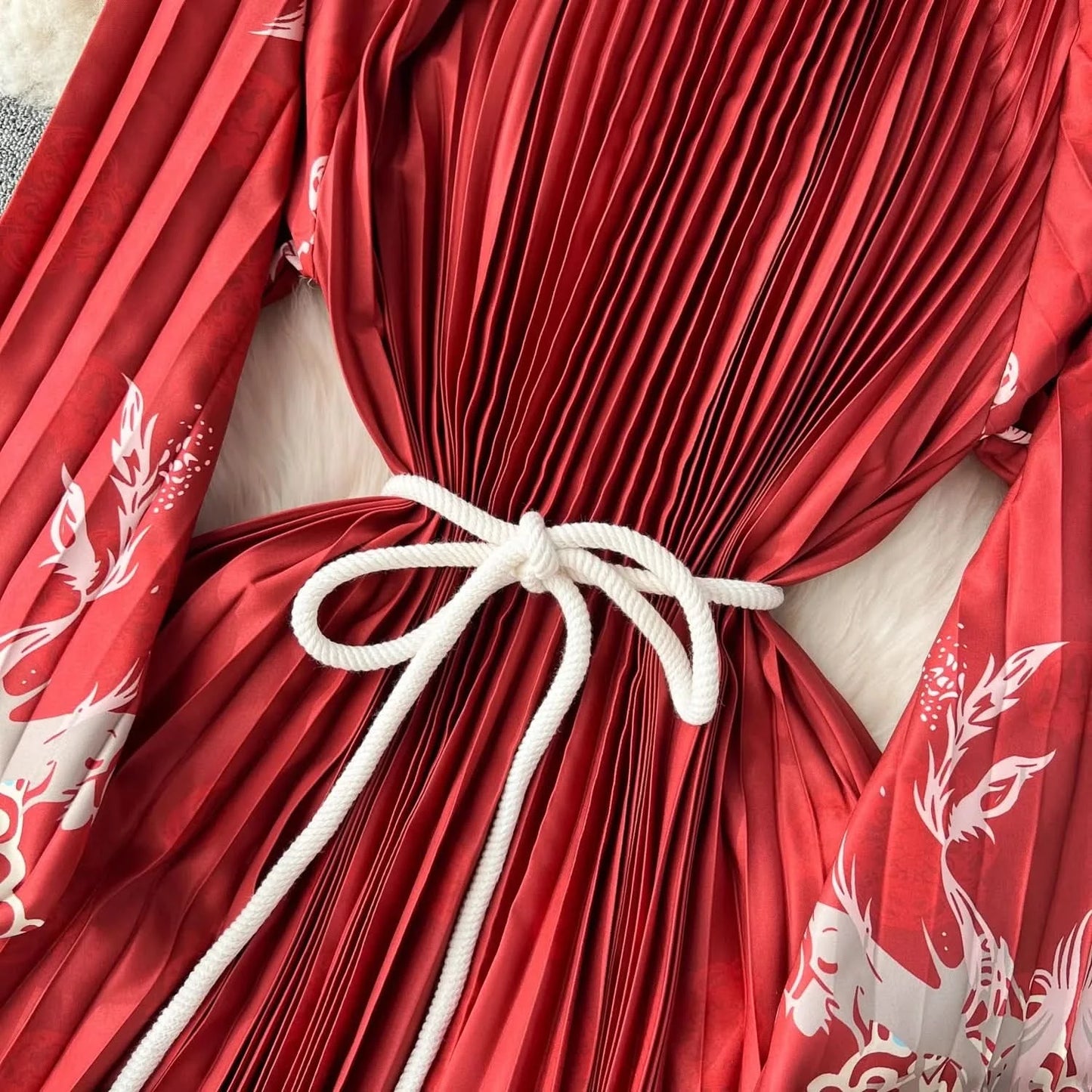 Spring Holiday Print Long Dress For Women Fashion Loose Lantern Sleeve Party Robe Female Big Swing Tassels Belt Pleated Clothes - M & M Global