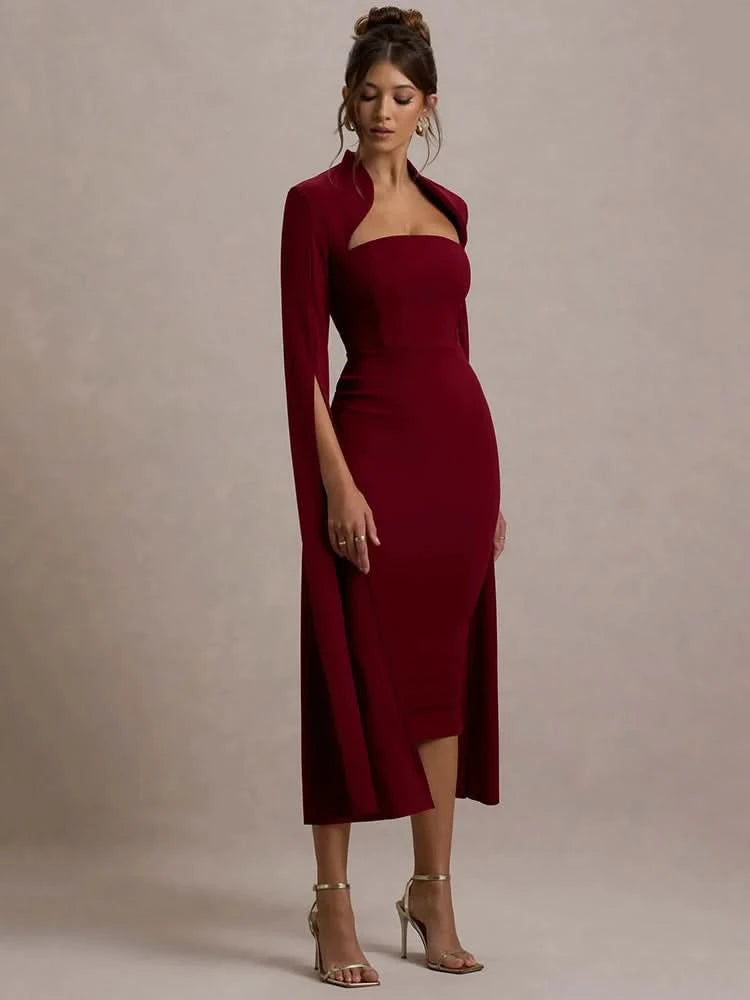 Mozision Cape Long Sleeve Sexy Midi Dress For Women Autumn Winter New Square Collar Back Slit Bodycon Club Party Long Dress - M & M Global