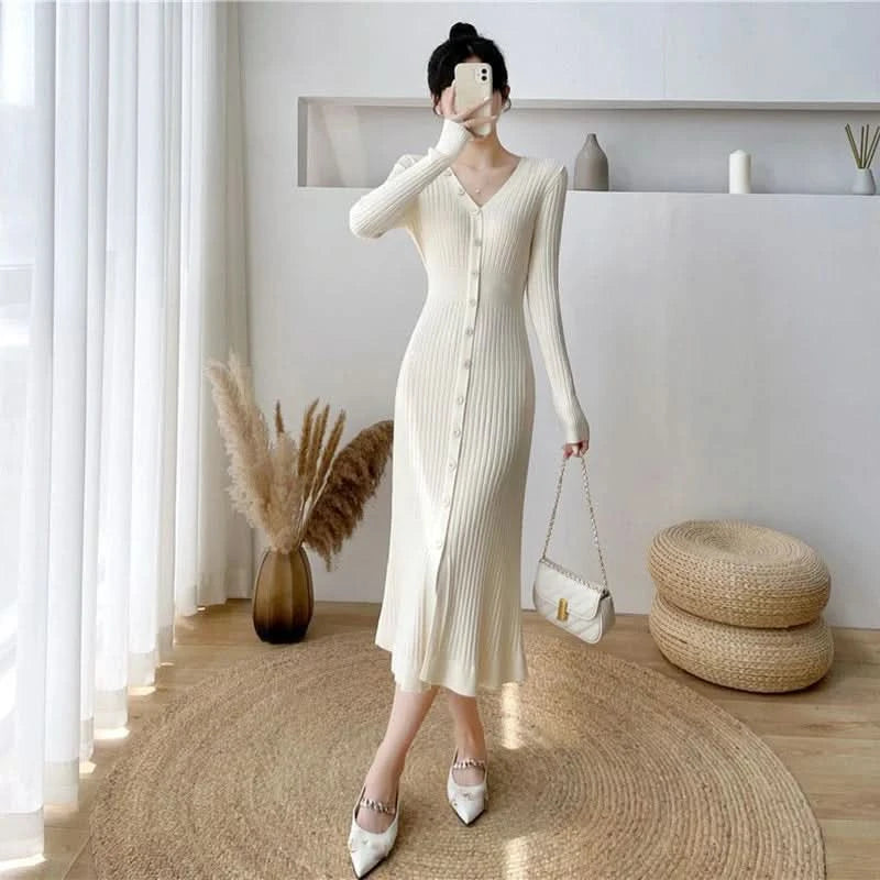 Lucyever Elegant Knitted Long Dress for Women Korean Chic Buttons Slim Fit Midi Dresses Female Streetwear V Neck Party Vestidos - M & M Global
