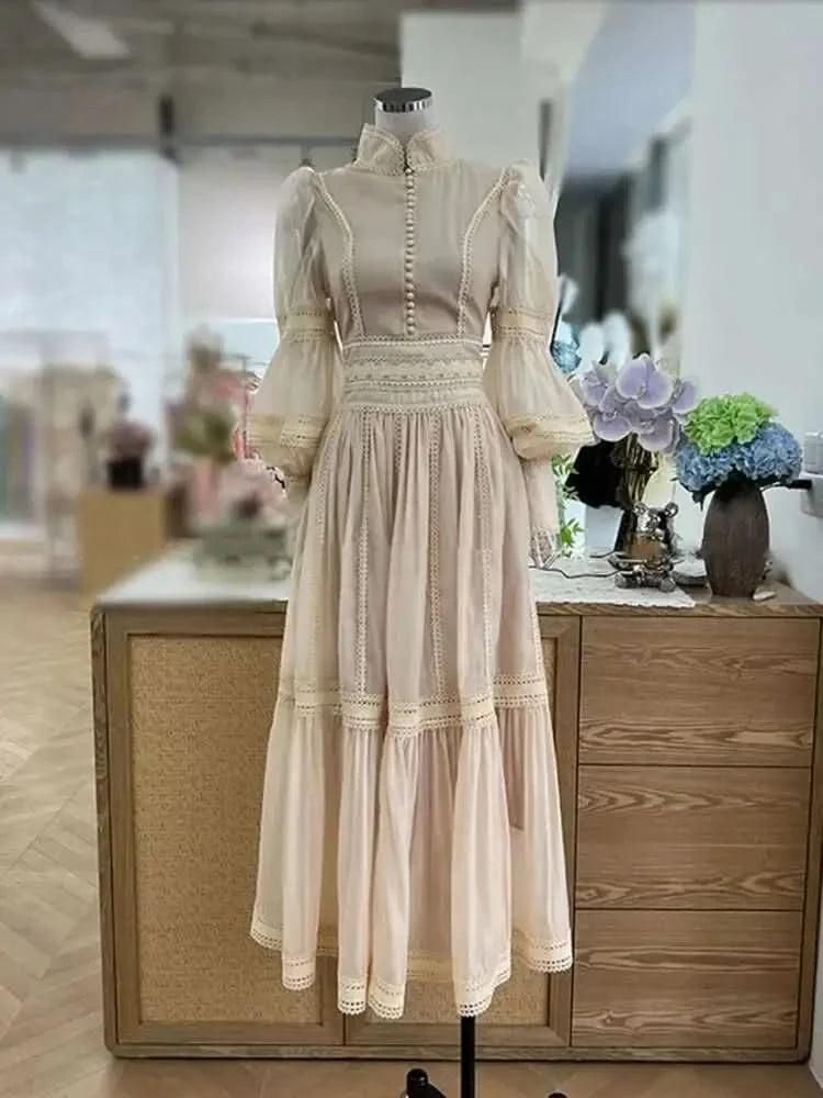 UCXQ Elegant Long Dress Fairy Style Stand Up Collar Lantern Sleeves Splicing Waist Fashion Dresses Women 2025 Spring Autumn 1351 - M & M Global