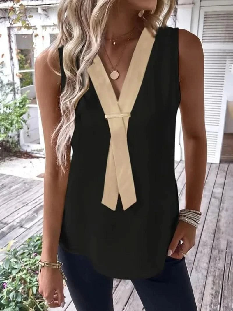 Elegant Women's Blouse Tees 2023 Summer Fashionable Style V-Neck Panel Sleeveless Top Lady Shirt S-XXXL - M & M Global