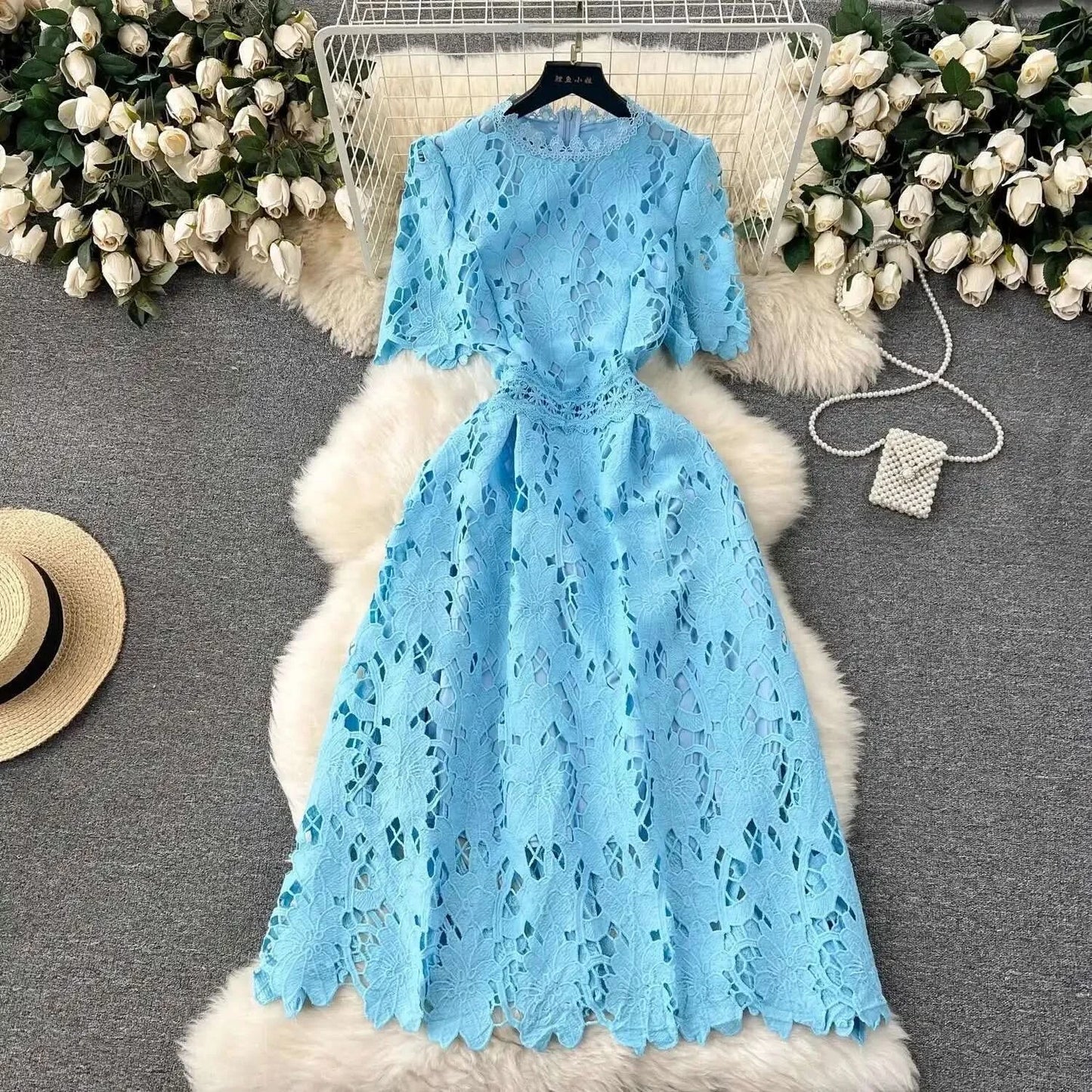 Elegant Flower Embroidery Lace Hollow Out Midi Dresses Women's 2025 Summer O Neck Short Sleeve Casual Long Dress Party Vestidos - M & M Global