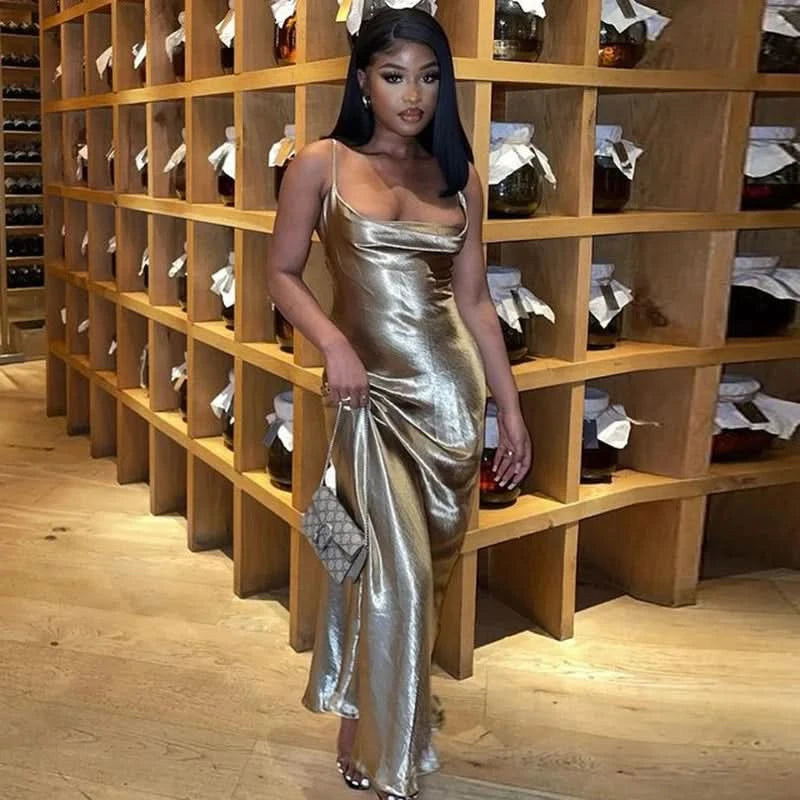 Sibybo Sexy Spaghetti Strap Backless Satin Dress Women Y2K Blue Lace Up Trumpet Long Dress Elegant Bodycon Party Dresses 2022 - M & M Global