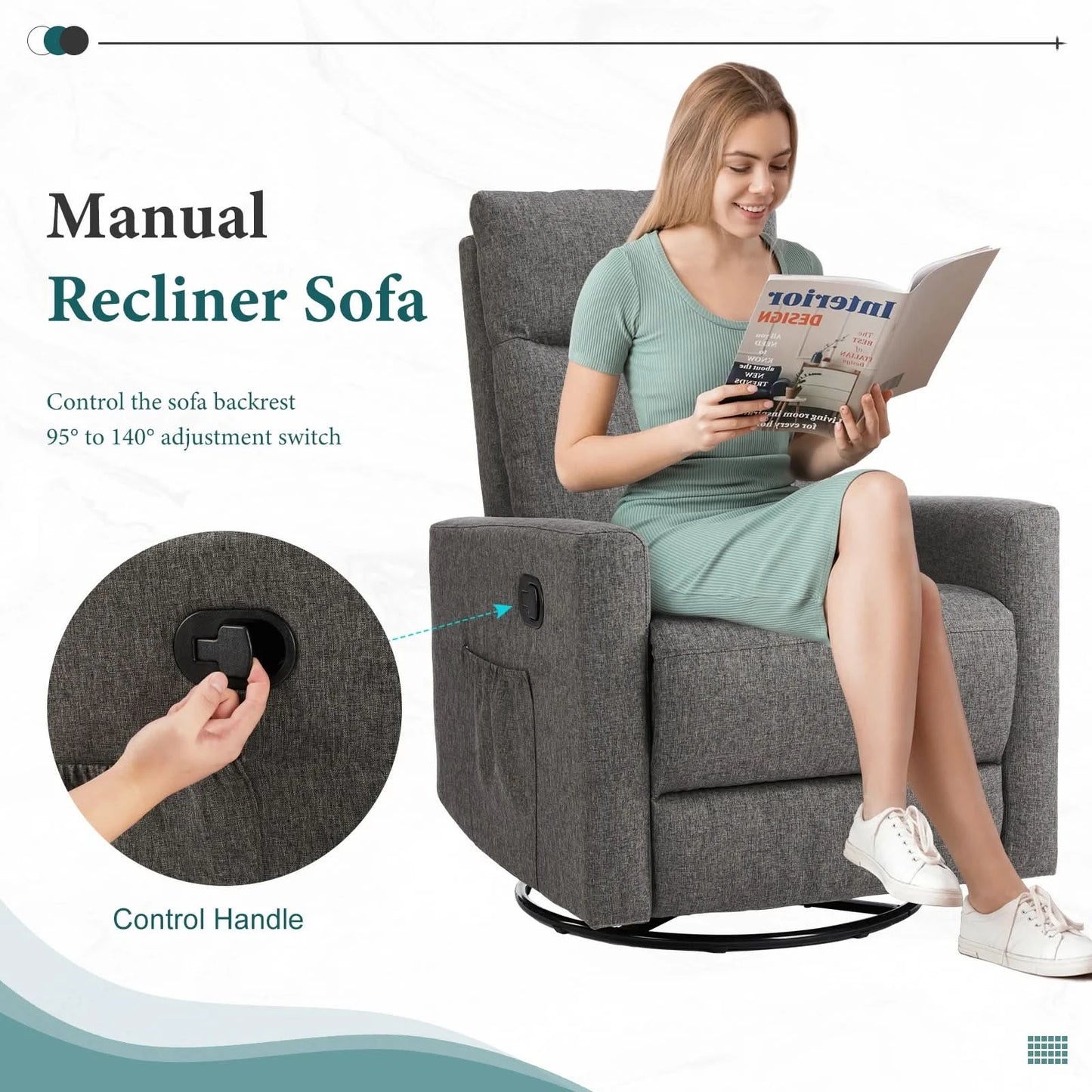 JHK Rotating Living Room Sofa Recliner With Oversized Foot Swivel Rocking Rocker Recliner Glider Nursery Sofas for BedRoom