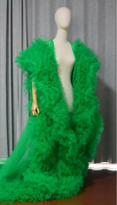 luxury Fully long dress with ruffles cape tulle cloak Wedding attire Fashion Stage cloak custom party prom dress - M & M Global