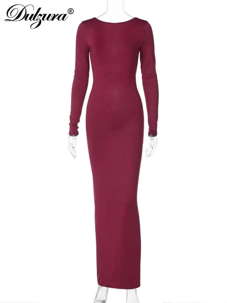 Dulzura O-Neck Long Sleeves Ruched Backless Maxi Dress Solid Sexy Elegant Long Dress Women’S Party Prom Clubwear Autumn Winter - M & M Global