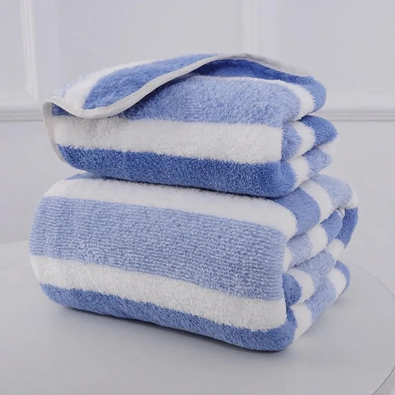 Soft Striped Bath Towel Set - Quick-Drying Absorbent Microfiber Face & Hand Towels for Bathroom, Home Spa - 70x140cm & 35x75cm - M & M Global