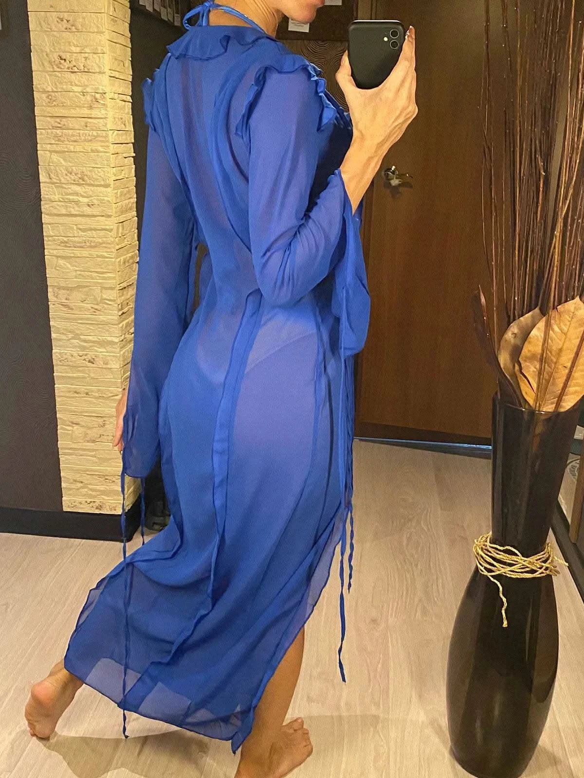 Deep V Neck High Split Long Dress Ruffles Beach Cover Up Bikini Cover-ups Beach Dress Beach Wear Beachwear Female Women V4440 - M & M Global