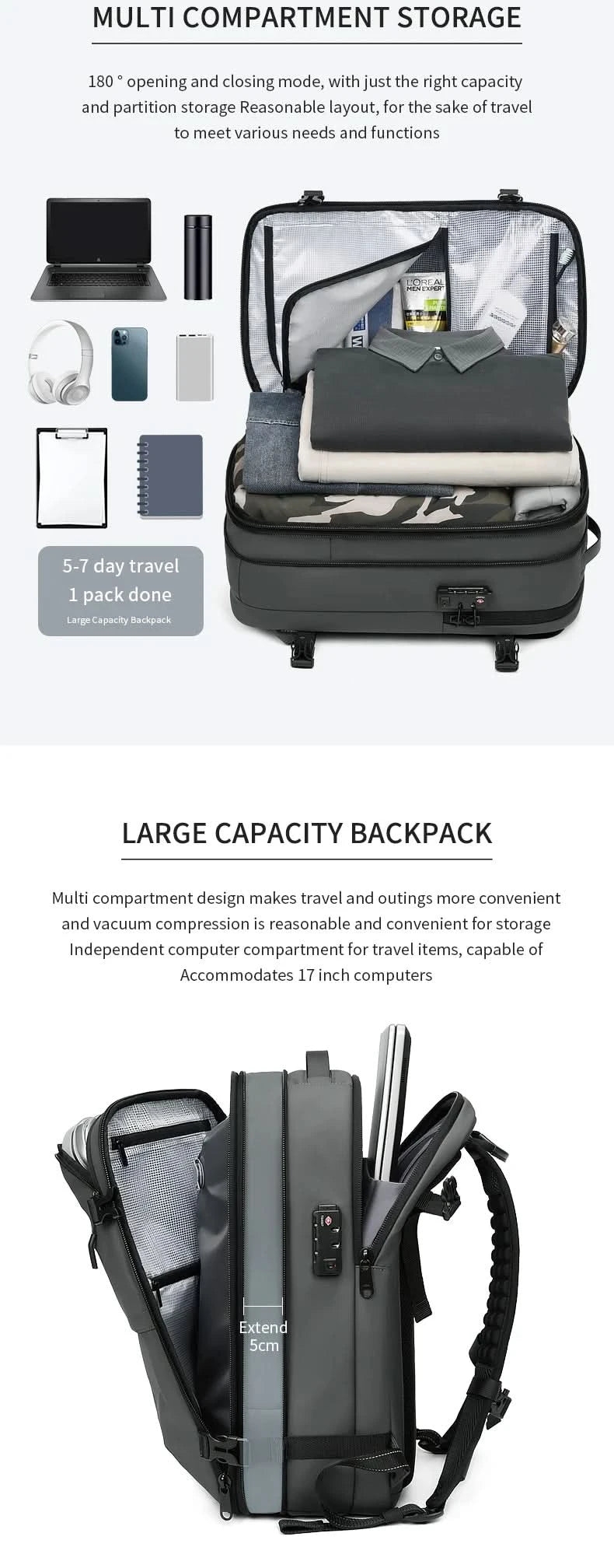 Men Travel Backpack vacuum compression 17 inch Laptop Backpack Business Large Capacity school Backpack Expanded Hiking backpack - M & M Global