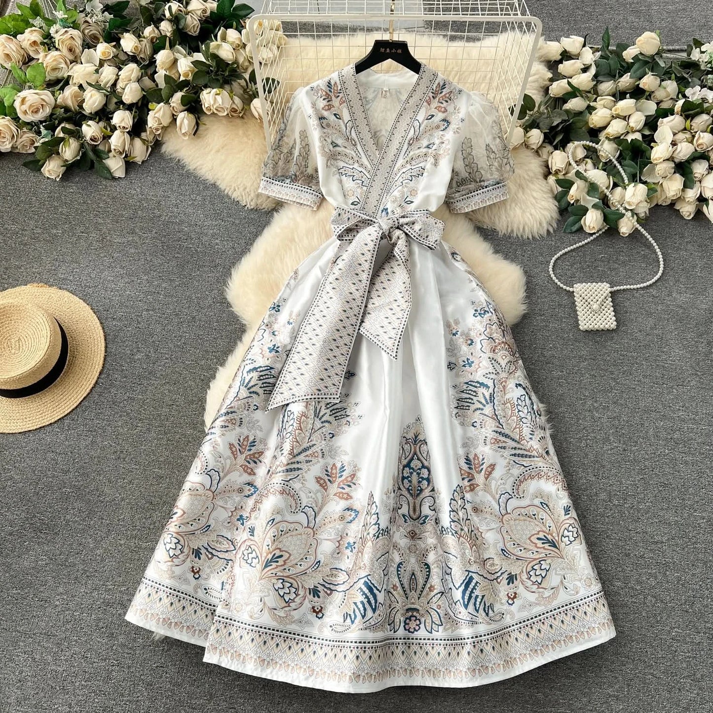 Summer Bohemian Paisley Print Long Dress Women V-Neck Short Puff Sleeve Vintage Print Bandage Lace Up Robe Vestidos Clothes 6237 - M & M Global