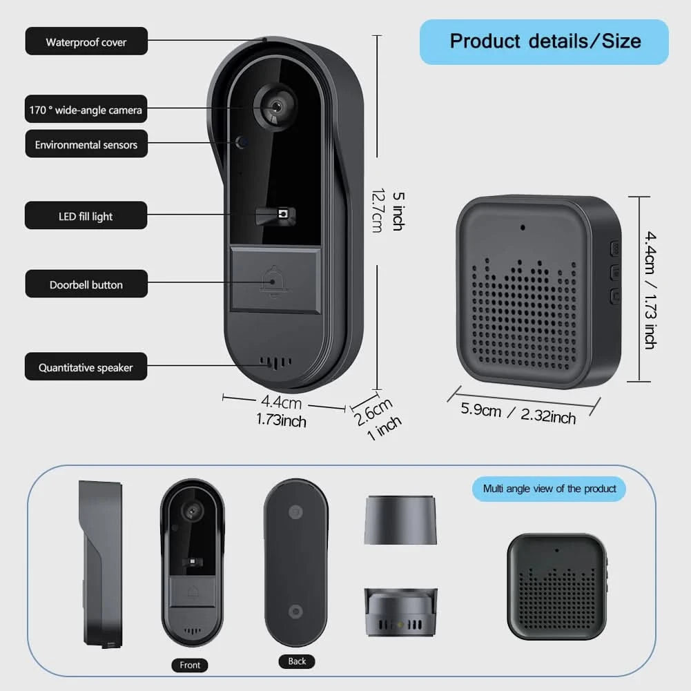 Tuya WiFi doorbell 2-way HD 1080P, microSD/cloud, waterproof, 1000mAh battery, long standby,Wireless Security Camera - M & M Global