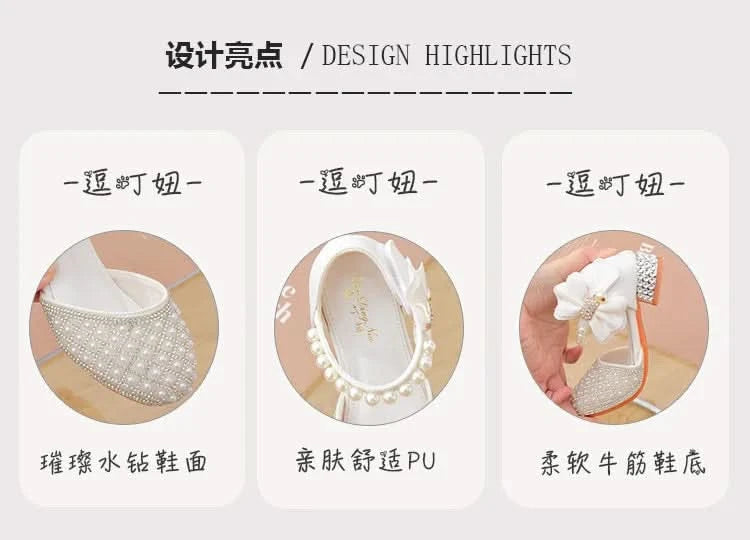Rhinestones Princess Party Shoes Shiny Crystal Bow White Children High Heels Girls Sandals Summer Kids Student Performance Shoes - M & M Global