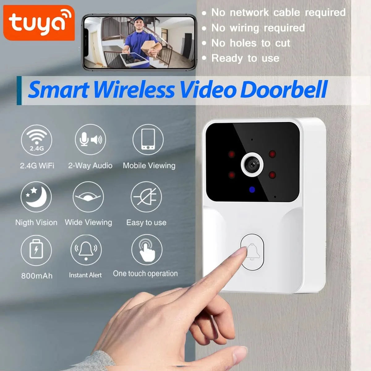 Tuya Smart Video Doorbell Camera HD Wireless doorbell for Home Security, Night Vision, Voice Change, 2-Way Audio, Waterproof - M & M Global
