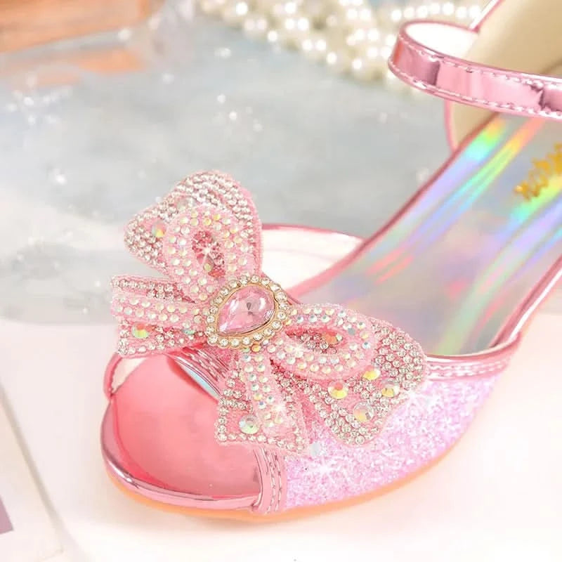 Summer Girls Sandals With Heel Fashion Rhinestone Shiny Glitter Shoes Children Princess Bowtie Pearl Dancing Shoes H876 - M & M Global