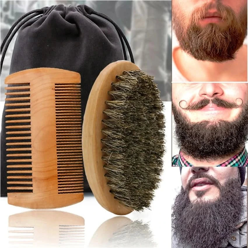 Men Shaving Bamboo Brush Comb Set Boar Bristle Portable Barber Beard Brush Comb Scissors for Facial Cleaning Styling Tool - M & M Global