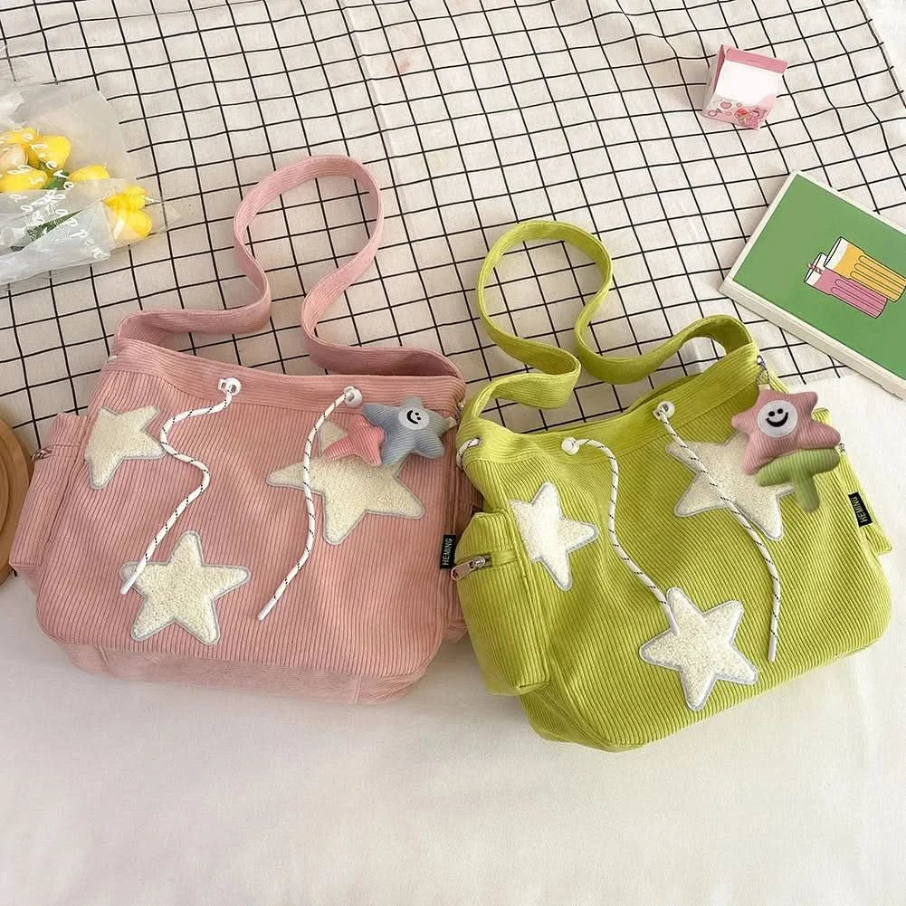 Women Star Pattern Corduroy Crossbody Bag Casual Tote Lady Fashion Large Capacity Shoulder Bag Girl Travel Messenger Bag Handbag - M & M Global