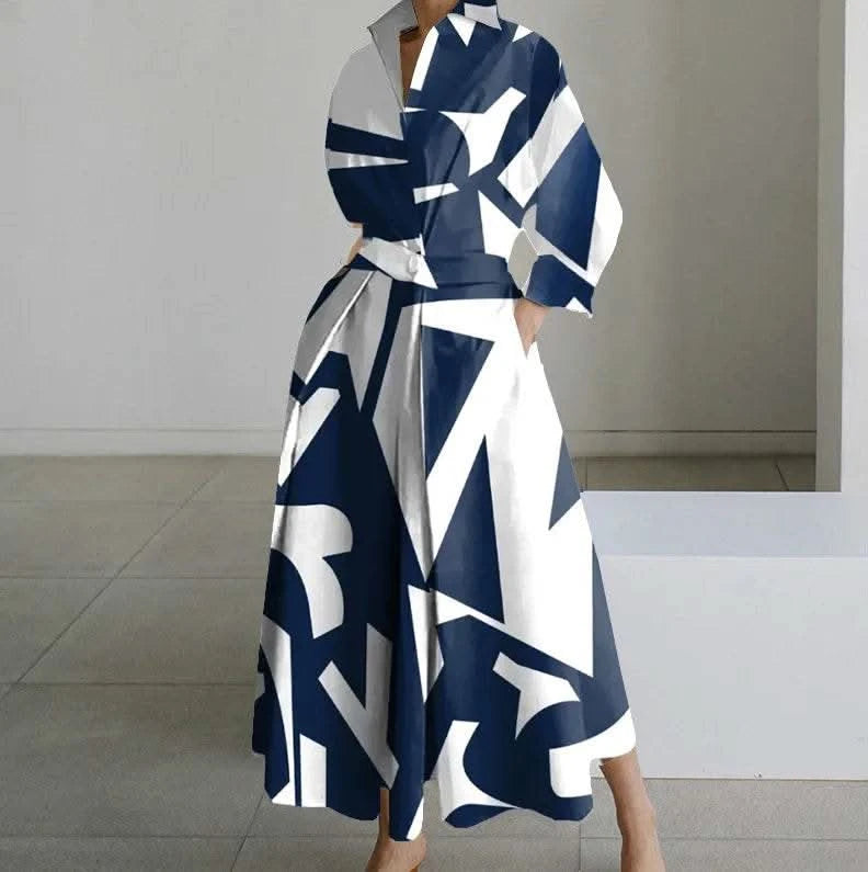 Autumn Dress Long Sleeve Dot Print Elegant Maxi Dresses For Women 2023 White Casual V Neck Shirt Party Long Dress Robe Femme - M & M Global