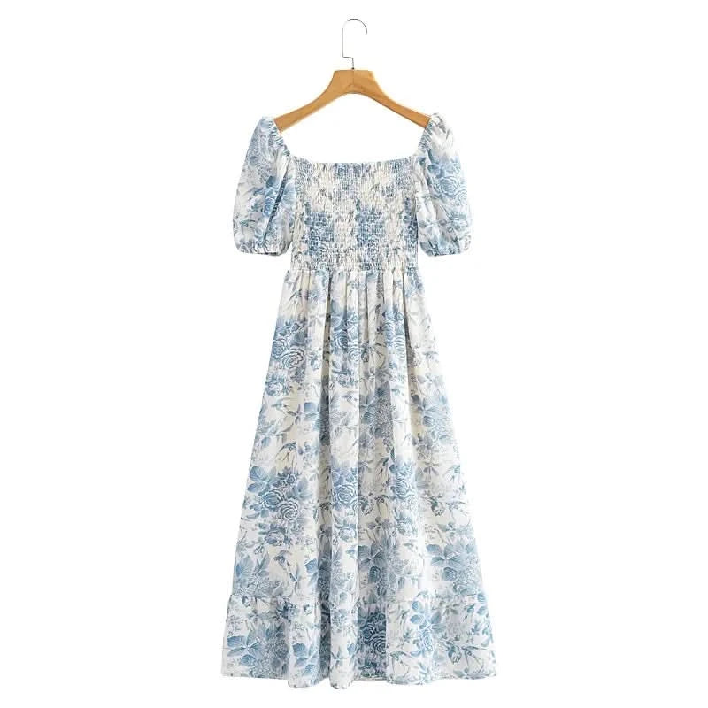 Summer Off-the-shoulder Short Sleeved Floral Split Long Chiffon Dress Swallows Print Fit and Flared Sweet Ruffles Long Dress - M & M Global