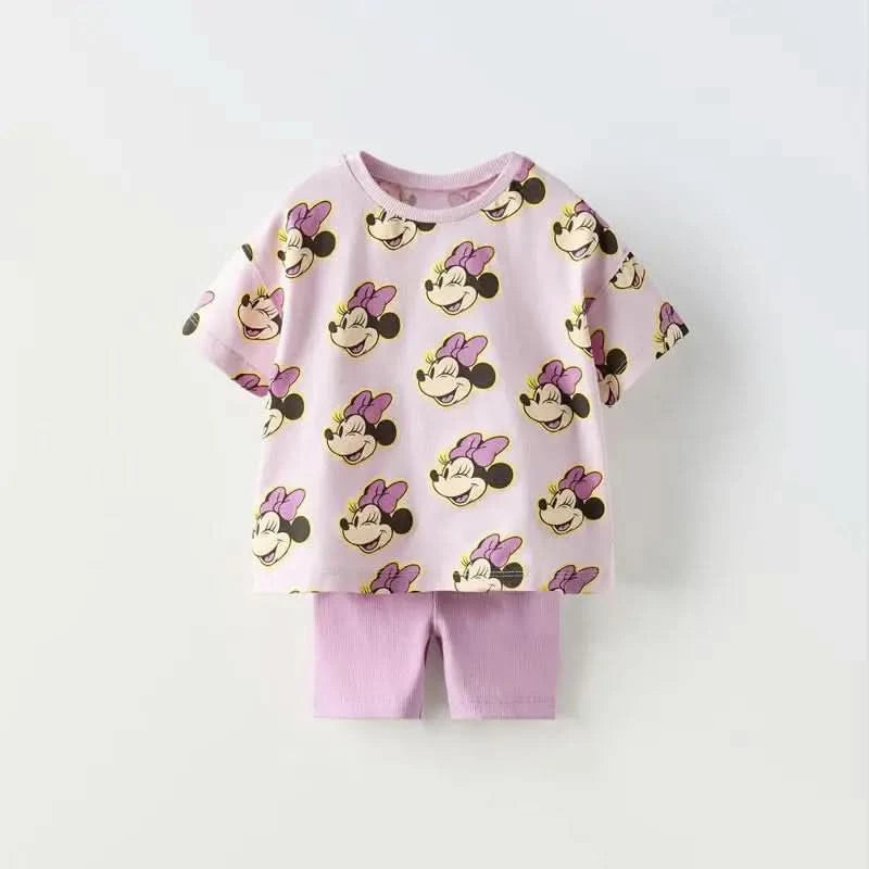 Disney Cartoon Girl Clothing Short Sleeve Suit Lovely Fashion Children's Loose Tees Tight Shorts Summer Kids Two Piece Set 9M-7Y - M & M Global