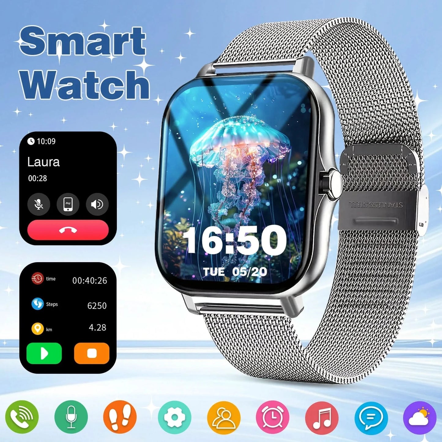 Smart watch, call reminder/rejection, message reminder view, 1.83 inch HD screen, for Android/iPhone