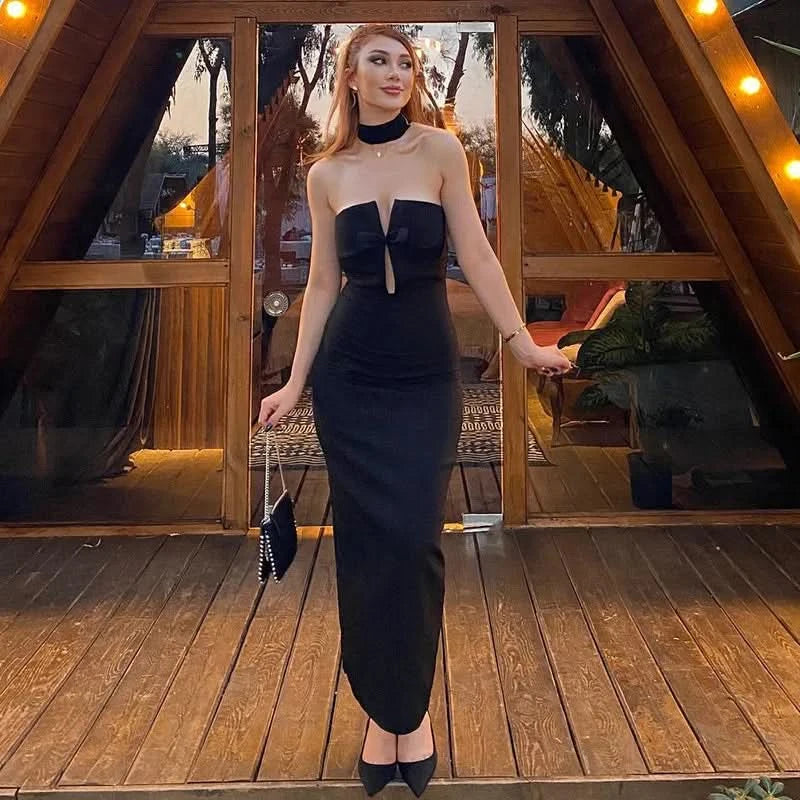 Tossy Tee Bow Off-Shoulder Slim Long Dress For Women Patchwork Fashion Elegant Hollow Out Backless Clothes Female Party Dress - M & M Global