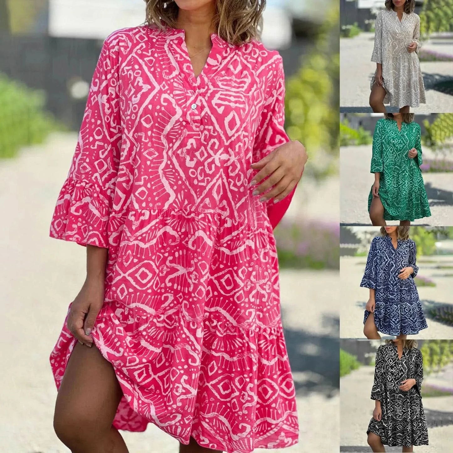 Women Floral Print Maxi Dress Fashion Casual V Neck Long Dress Plus Size Summer Boho Dress Ruffle Three Quarter Sleeves Dresses - M & M Global