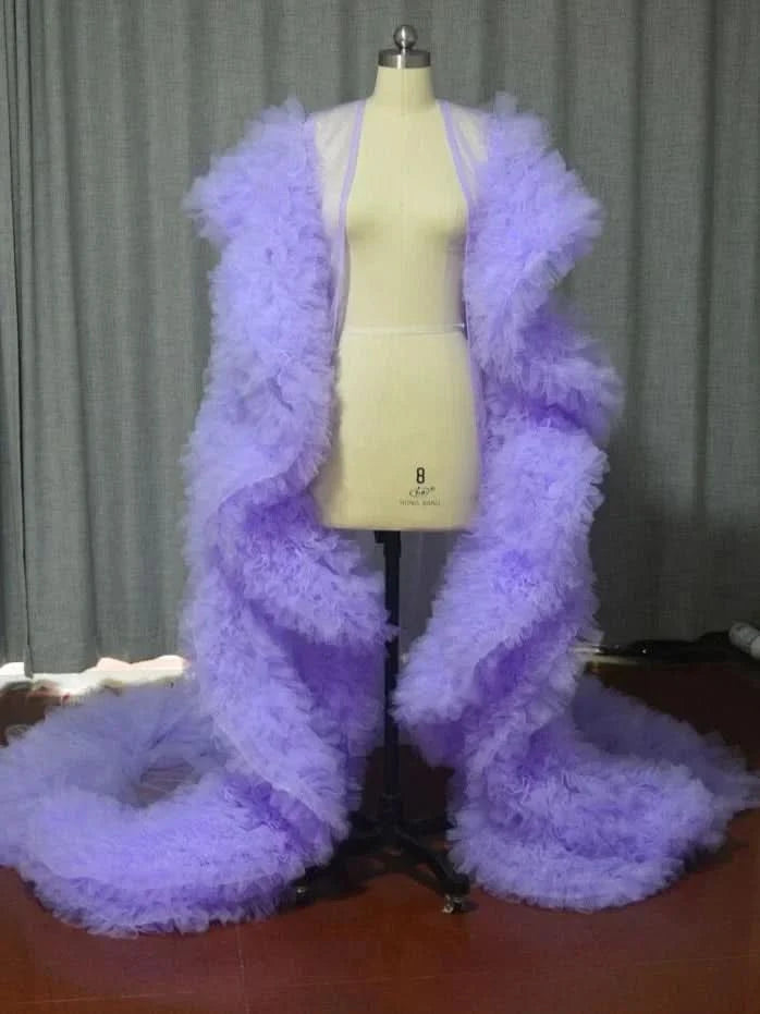 luxury Fully long dress with ruffles cape tulle cloak Wedding attire Fashion Stage cloak custom party prom dress - M & M Global