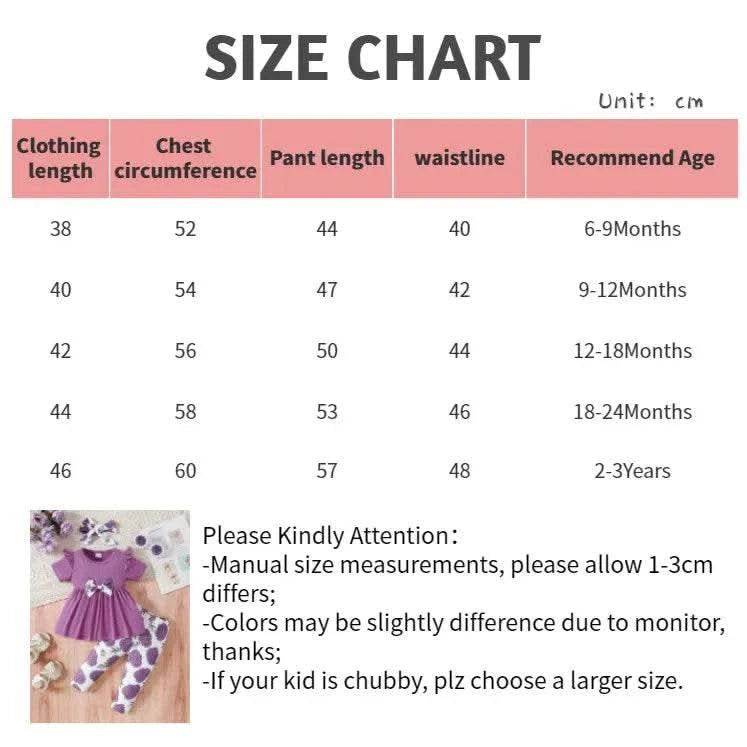 0-3 Years Baby Girl 3PCS Clothes Set Purple Short Sleeved Top+Floral Pants+Headband Fashion Toddler Girl Summer Daily Outfits - M & M Global