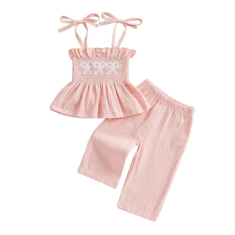 Adorable Toddler Girl Sleeveless Top and Shorts Set with Cute Bow Embroidery Detail - Summer Outfit for Little Princesses - M & M Global