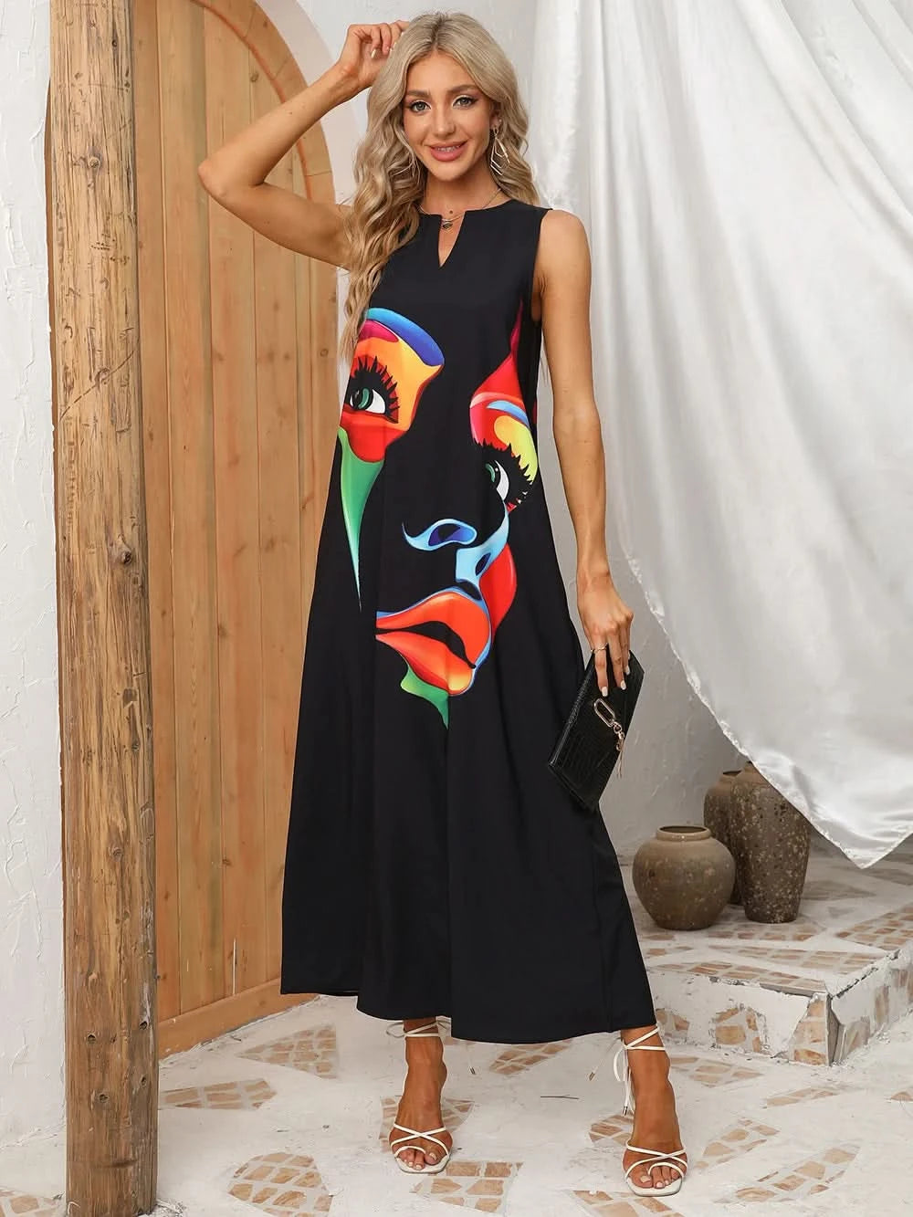 Lady Spring Summer Black Long Dress Sleeveless Red Petals Print Elegant Dresses For Women 2023 Party Beach Women Dress - M & M Global