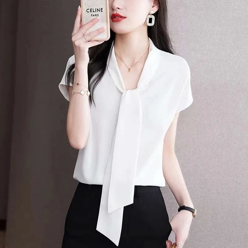 Bow Tie Blouse Shirt for Women OL Elegant Blouses Satin Womens Tops Silk Female Clothing 2023 Korean Fashion Short Sleeve Blouse - M & M Global