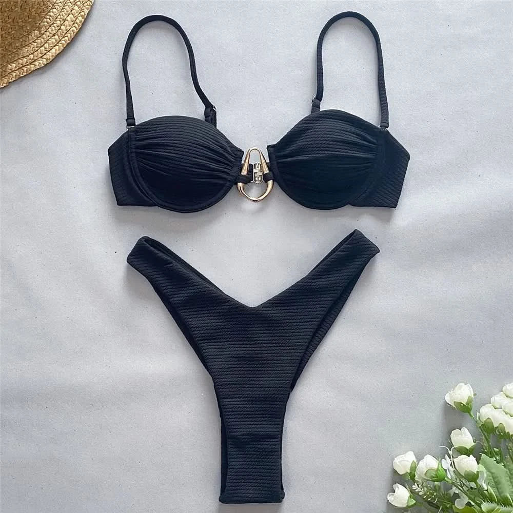 Sexy Black Push Up Bikini 2025 Women Swimwear Wrinkled Underwired Swimsuit High Cut Bathing Suit Metal Ring Bikinis Sets Biquini - M & M Global