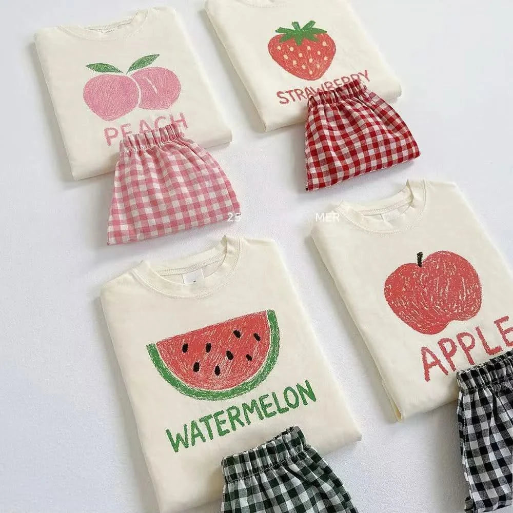 Fruit Tshirt Plaid Shorts 2Piece Set Boys And Girls Cute Tees Loose Shorts Kids New Simple Round Neck Tops+Shorts Kids Suit - M & M Global