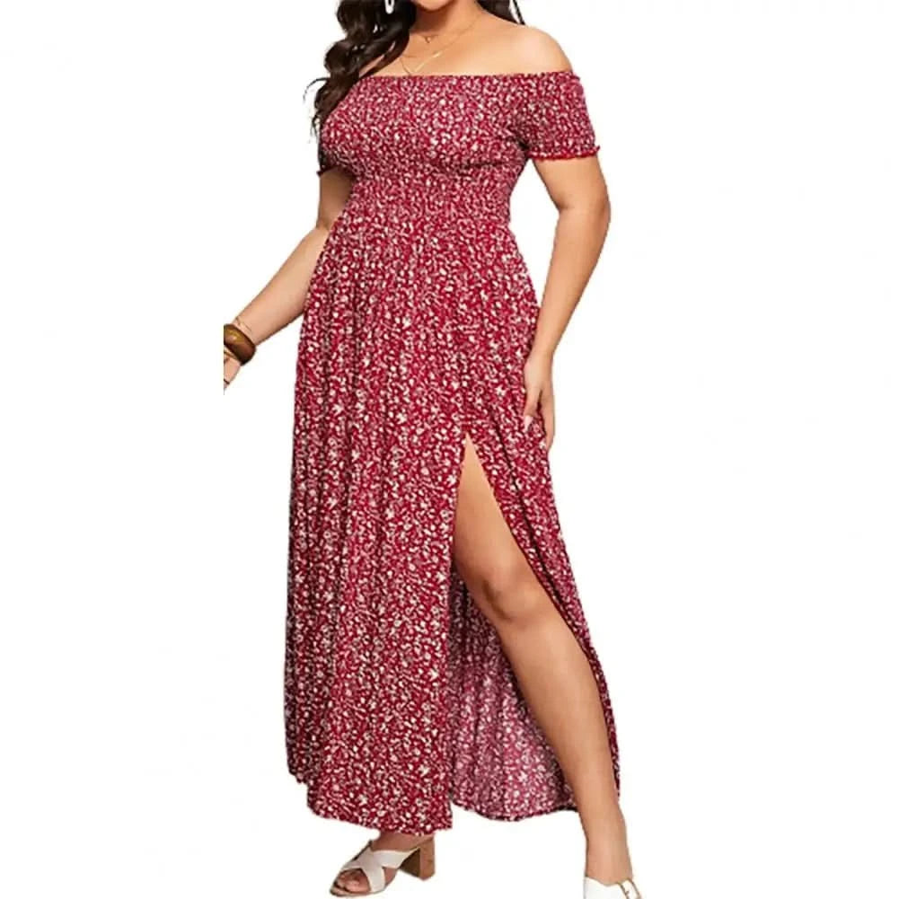 Plus Size Maxi Dress Elastic Chest Wrapped Fine Sewing Long Dress Bohemia Style Off Shoulder Long Dress - M & M Global