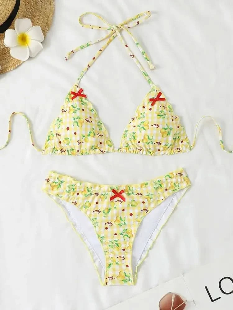 Women Y2k Bikinis Sets Coquette Aesthetic Bows Halter Tie Up Bikini Top High Cut Elastic Waist Bikini Bottom - M & M Global