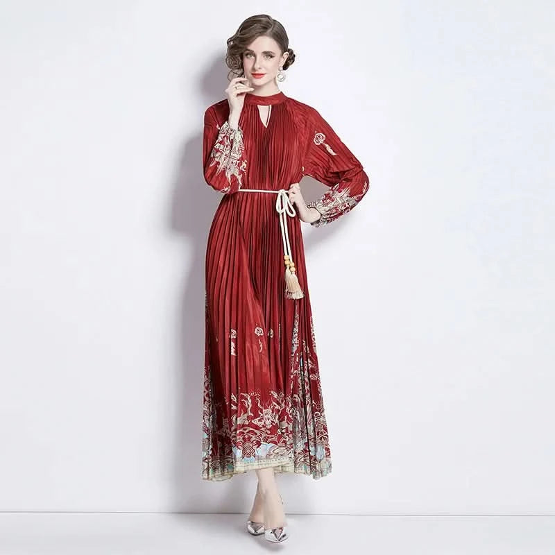 Spring Holiday Print Long Dress For Women Fashion Loose Lantern Sleeve Party Robe Female Big Swing Tassels Belt Pleated Clothes - M & M Global