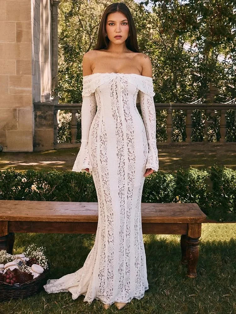 Mozision Floral Lace Off-shoulder Maxi Dress For Women White Strapless Backless Long Sleeve Bodycon Club Party Sexy Long Dress - M & M Global
